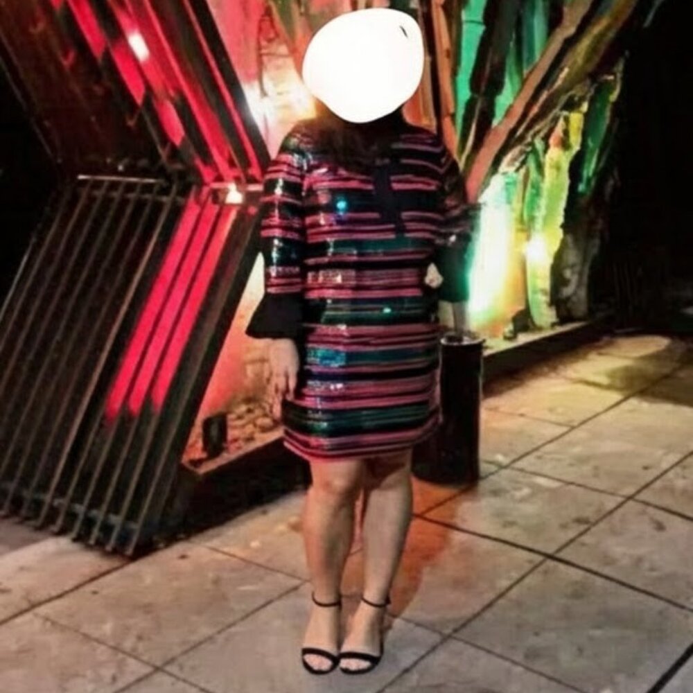 Eloquii Striped Sequin dress with satin collar and wrists